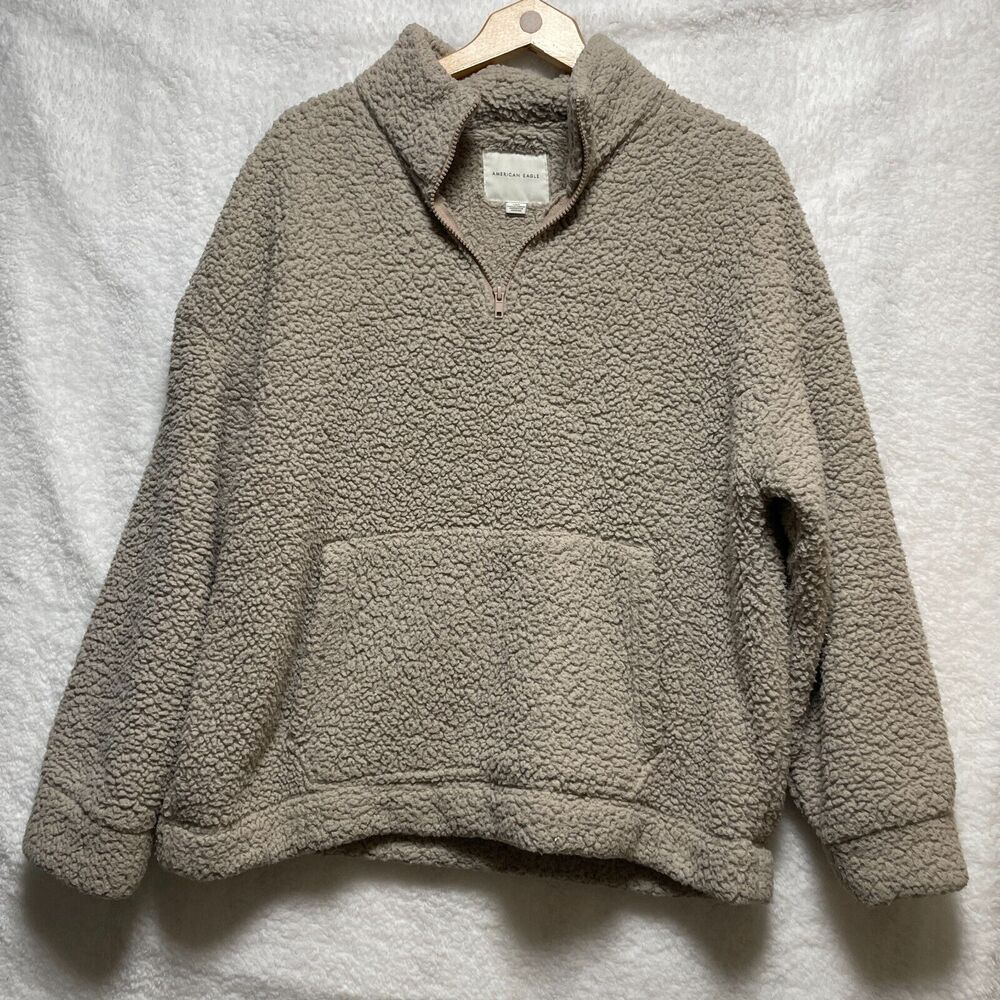 American Eagle Sherpa Pullover Sweatshirt Beige Size L Large Cozy Fleece